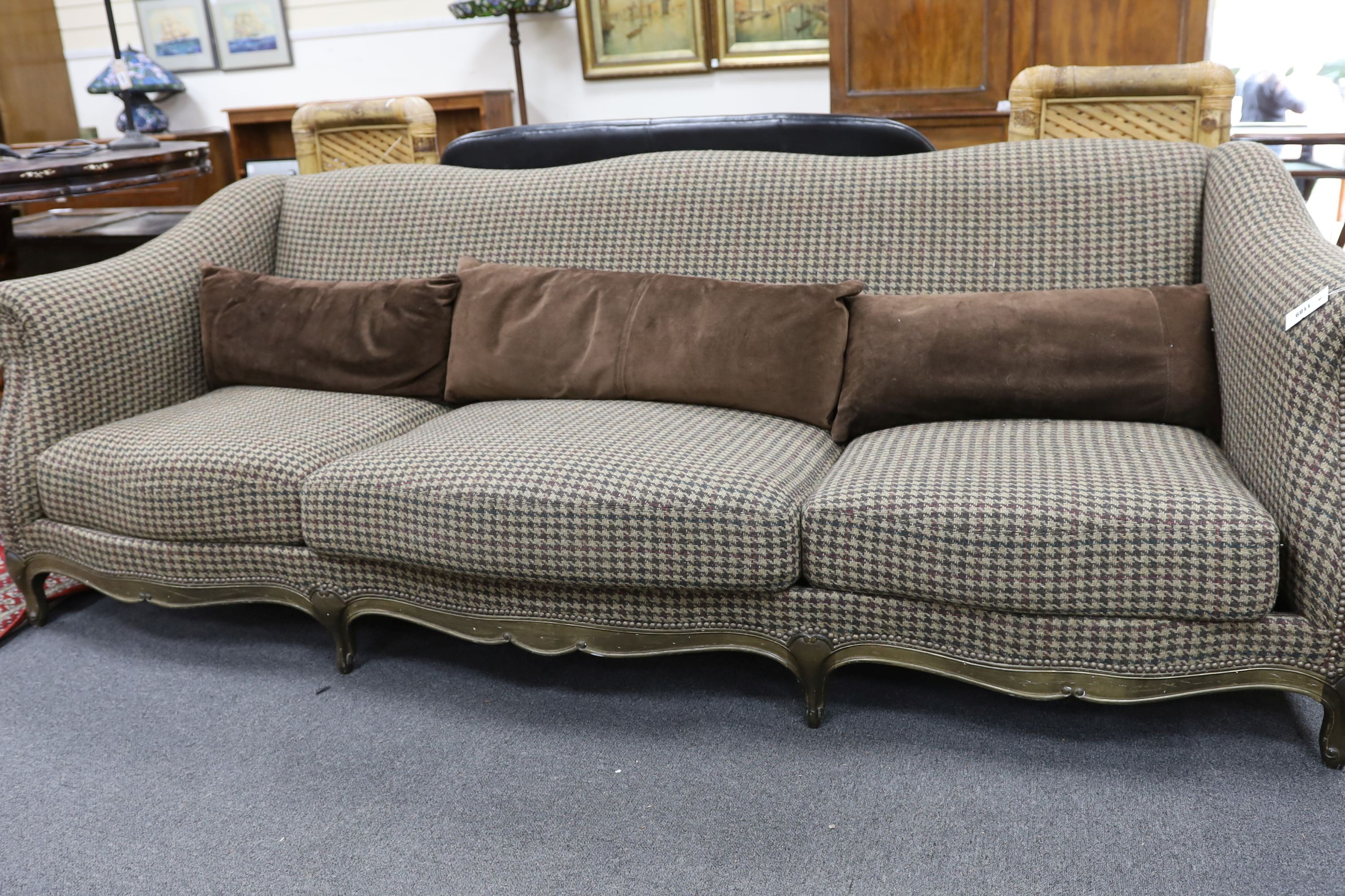 A large Louis XV style scroll arm sofa upholstered in a tweed type fabric, length 240cm, depth 96cm, height 82cm